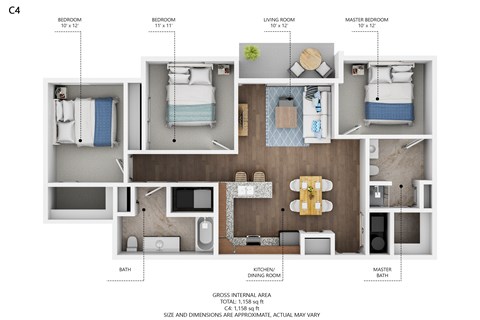 A floor plan of a G4 sized apartment with dimensions and room labels.